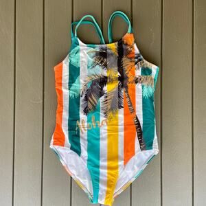 Girls Swimsuit One-piece Swim Sport Wonder Nation Green Orange Large 10/12 GUC